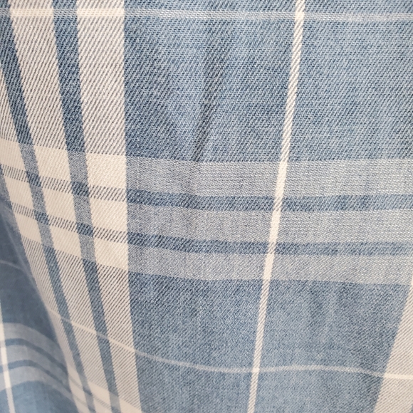Venti6 Plaid White Blue Tunic Dress Button Up Chunky Collar Raw Hem Size Small - Picture 10 of 10